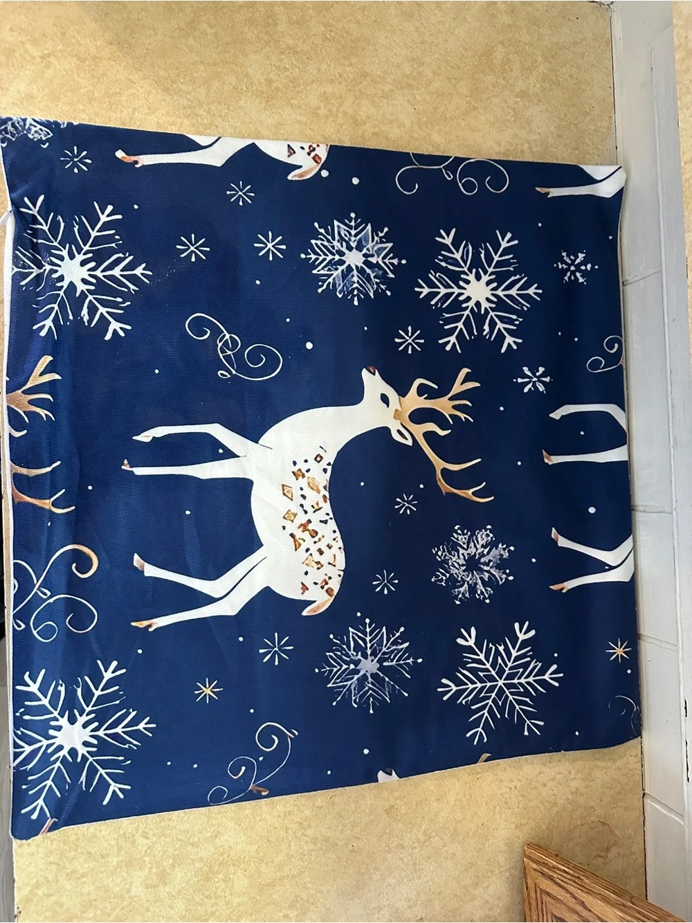 Holiday Reindeer & Snowflake Navy Blue Fleece Accent Throw Pillowcase 18x18